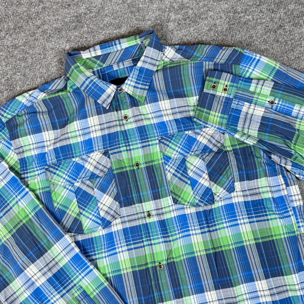 Prana XL‎ Plaid Button Up Shirt Roll Tab Sleeve Vented Chest Pockets Outdoor